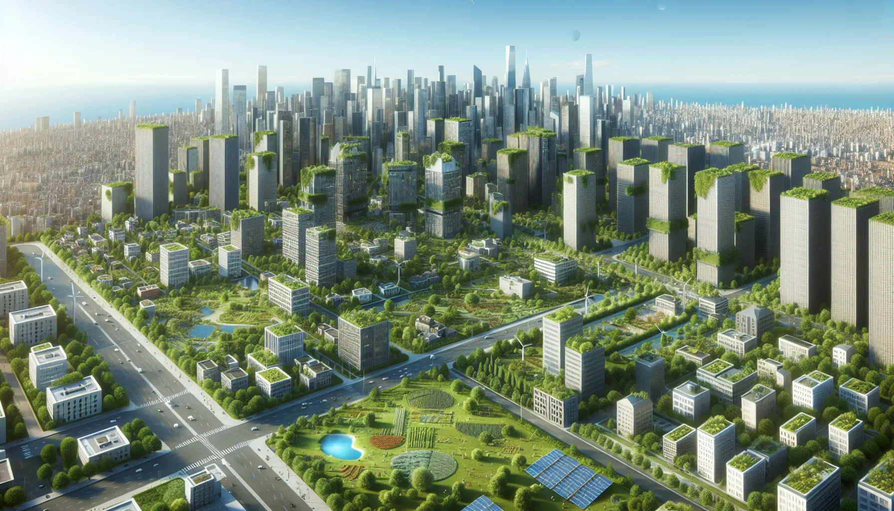 Vista panoramica di una città con spazi verdi e infrastrutture sostenibili