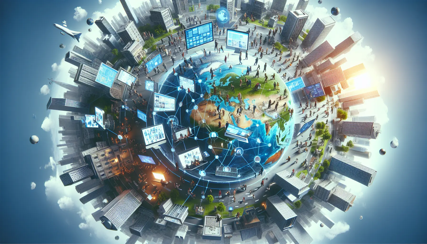 Persone che interagiscono in una comunità virtuale attraverso computer e dispositivi mobili.