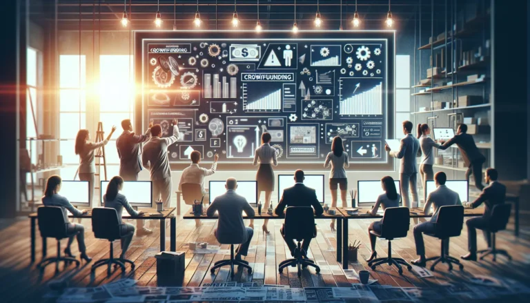 Immagine di una campagna di crowdfunding con persone che sostengono idee innovative