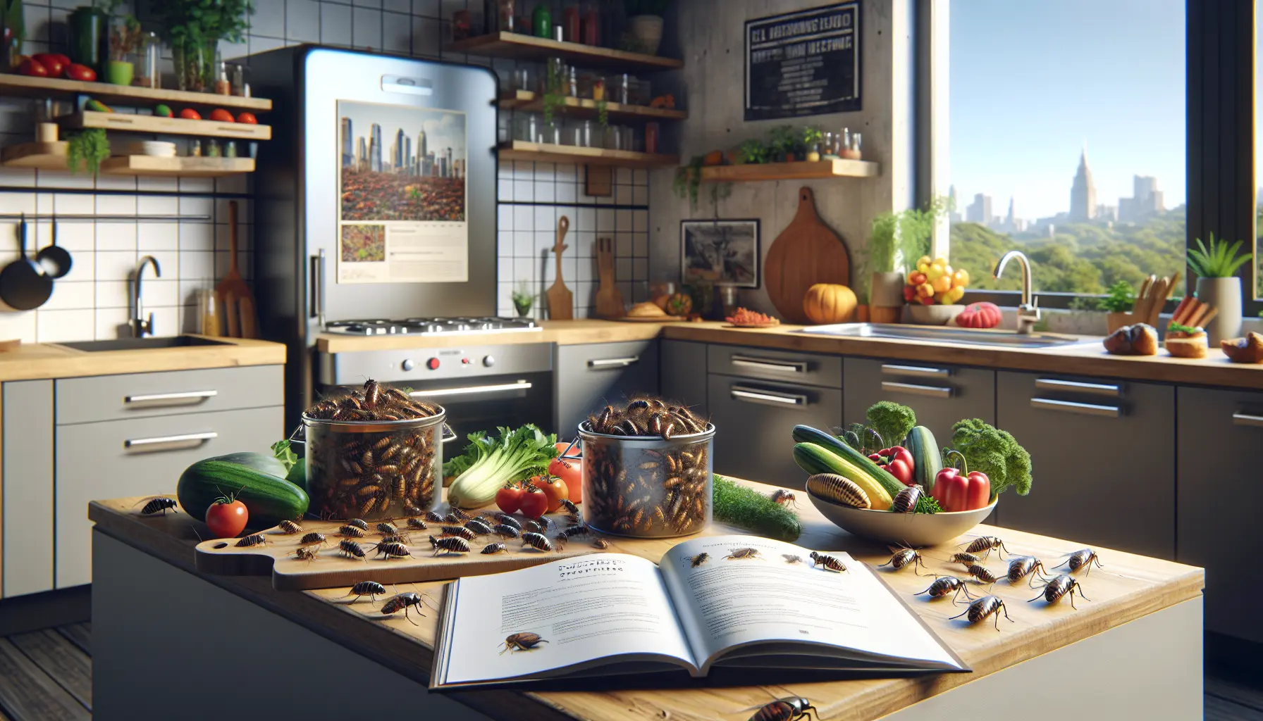 Un piatto colorato con insetti commestibili, verdure fresche e pasta, rappresentando la cucina innovativa e sostenibile.