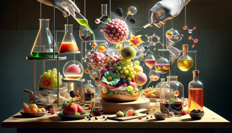 Un piatto di cucina molecolare con sfere di succo di frutta e gelatina di vino rosso