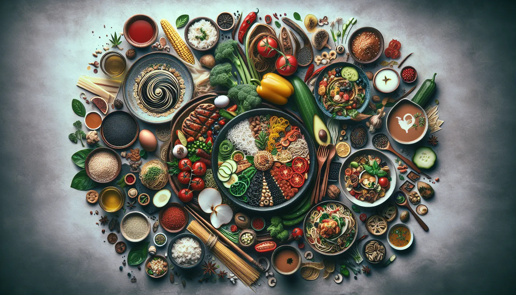 Un piatto di cucina vegana fusion con ingredienti freschi e colorati, rappresentante la diversità e la creatività culinaria.