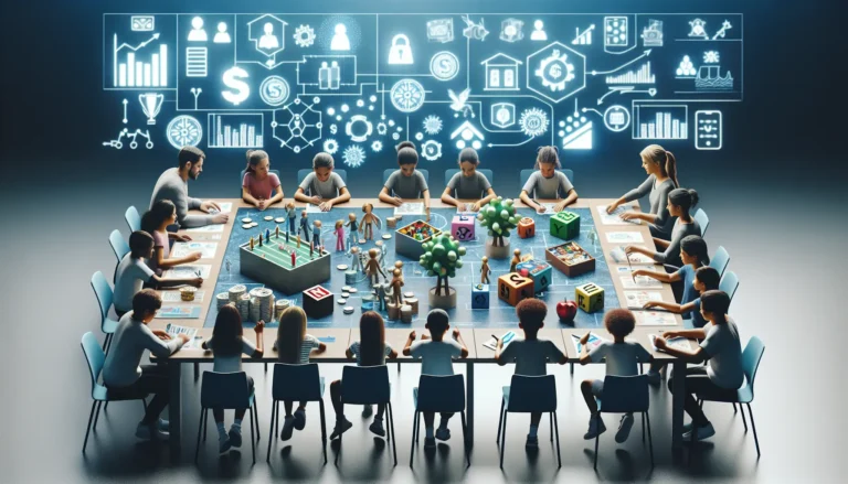 Un bambino che gioca con un gioco da tavolo educativo sull'economia