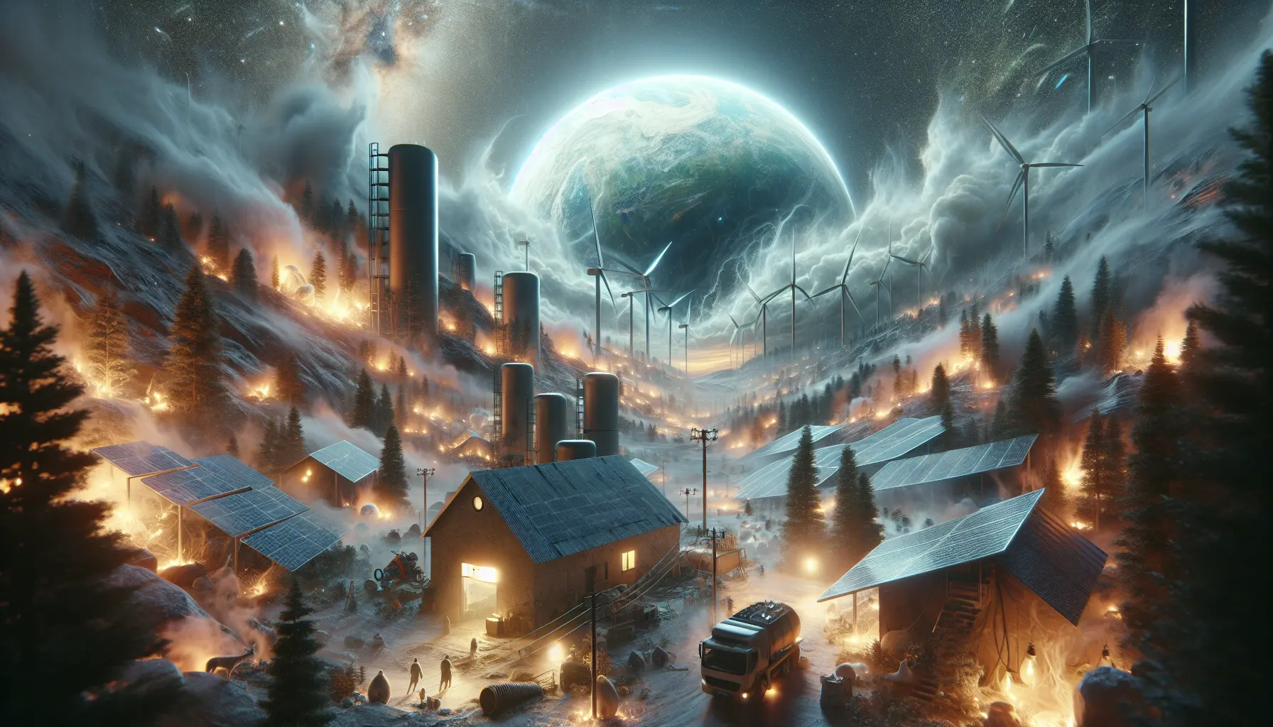 Immagine di una casa con pannelli solari sul tetto e un impianto eolico nel giardino, simbolo di energia rinnovabile domestica.