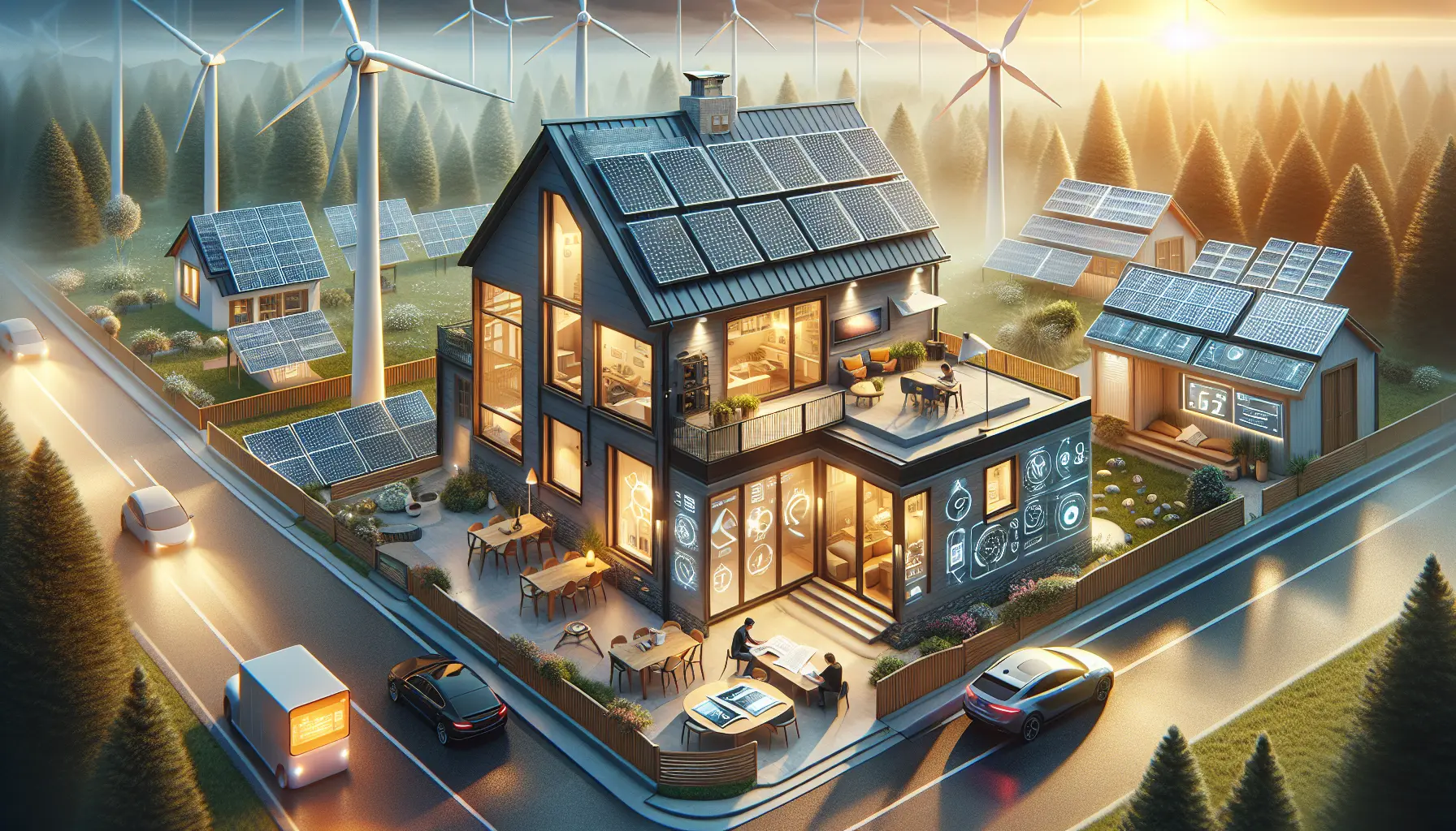 Un'abitazione con pannelli solari sul tetto e un giardino verde, simbolo di sostenibilità e energia rinnovabile.