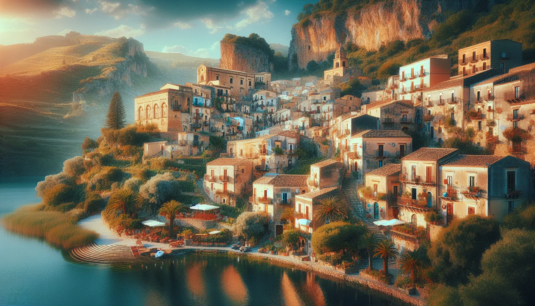 Veduta panoramica di Montagnareale con colline verdi e edifici storici