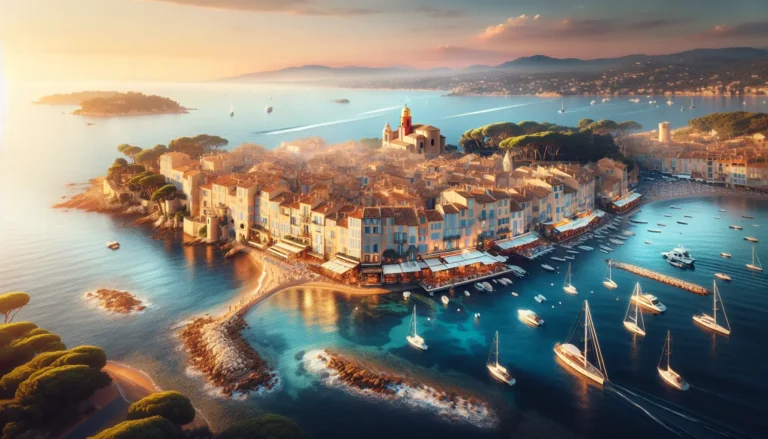 Vista panoramica di Saint Tropez con il suo porto e le spiagge affollate