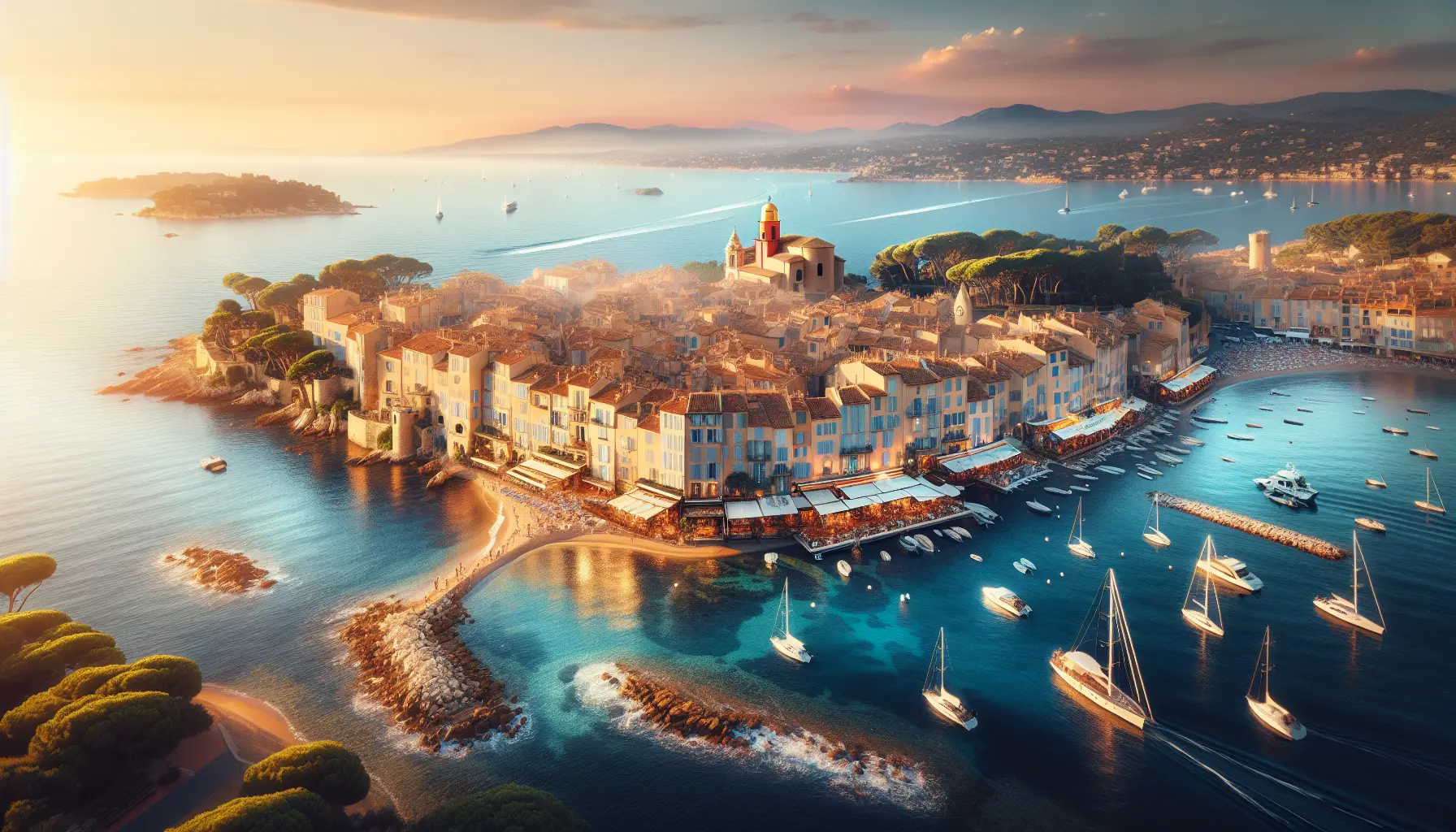 Vista panoramica di Saint Tropez con il suo porto e le spiagge affollate