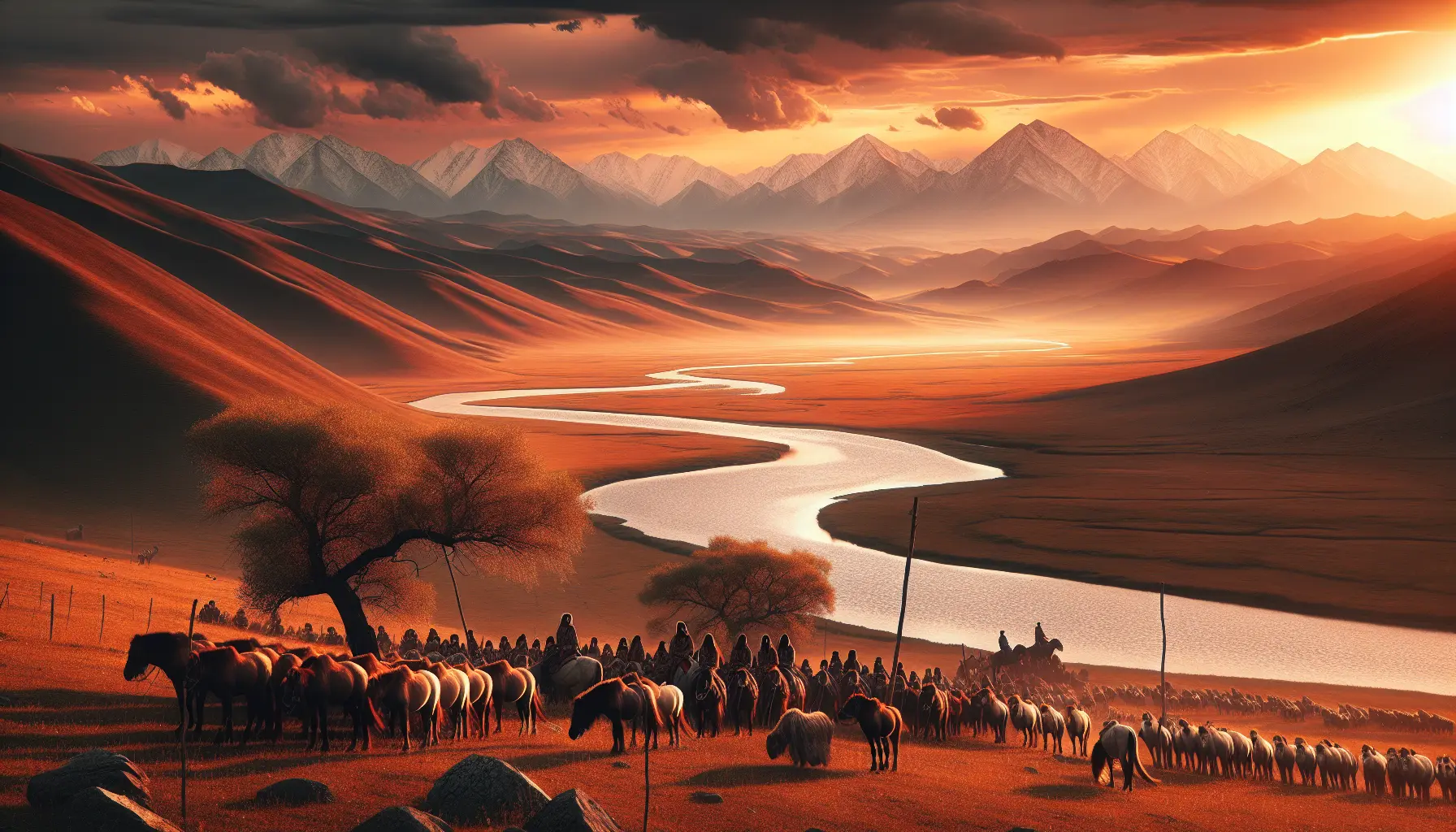 Panorama delle steppe mongole con un ger in primo piano e montagne sullo sfondo.