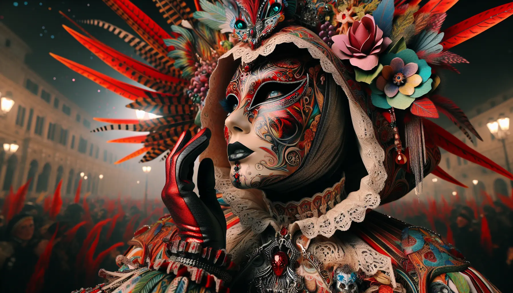 Sfilata di Carnevale con costumi colorati e festosi in una strada affollata