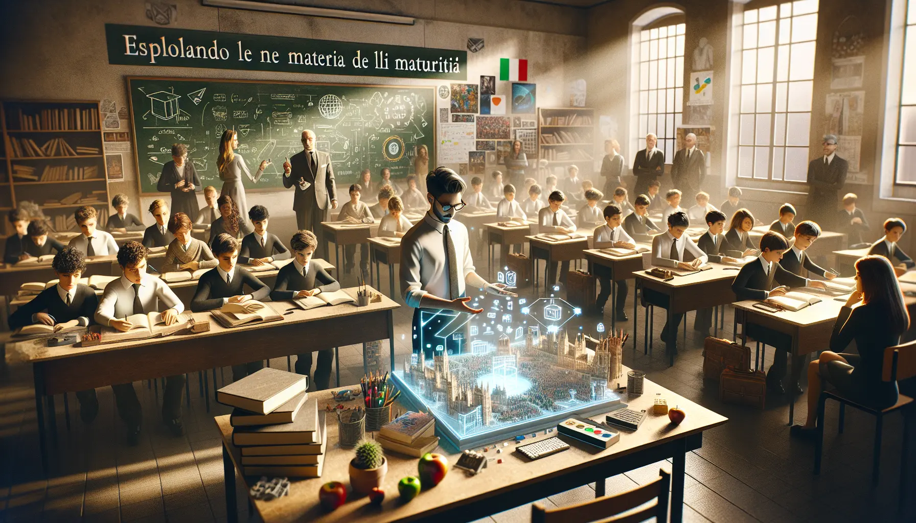 Un'aula scolastica moderna con studenti impegnati in attività collaborative e tecnologiche.