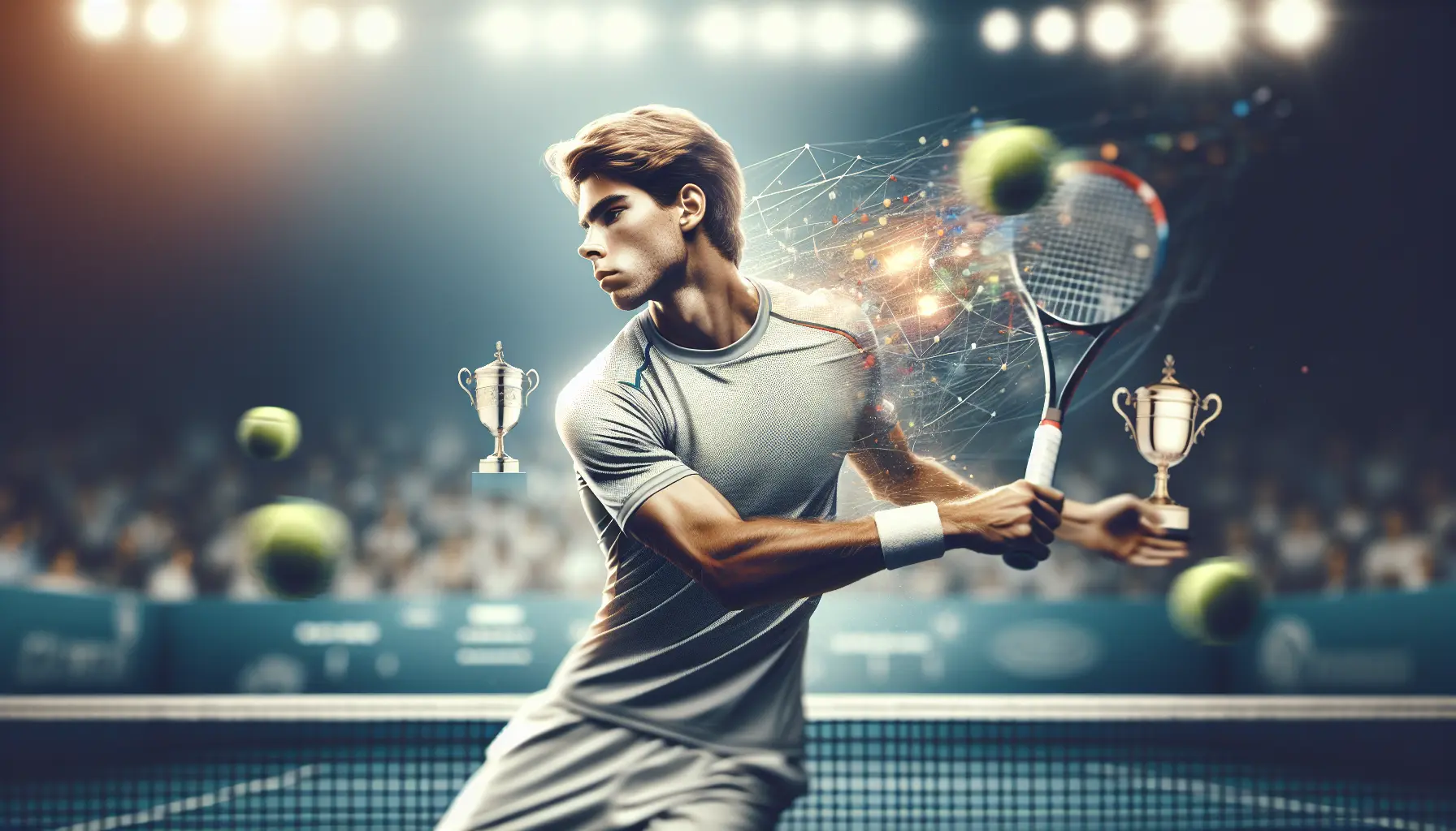 Un giovane tennista in azione sul campo, pronto a colpire la palla con determinazione.