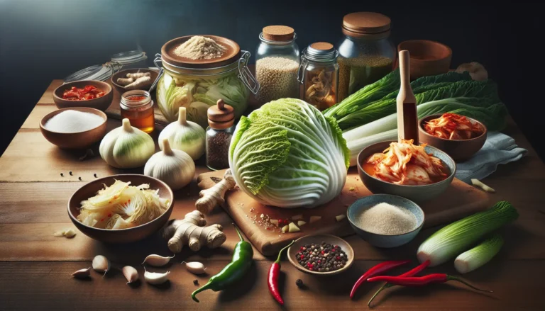 Una ciotola di kimchi fresco, colorato e appetitoso, circondato da ingredienti freschi come aglio, zenzero e peperoncino.