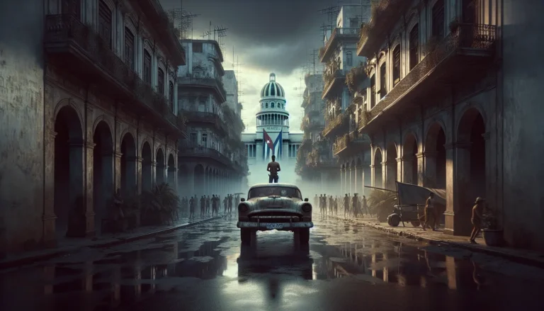 Ritratto di Fidel Castro durante un discorso pubblico, simbolo di una rivoluzione e di un'epoca di cambiamenti in Cuba.