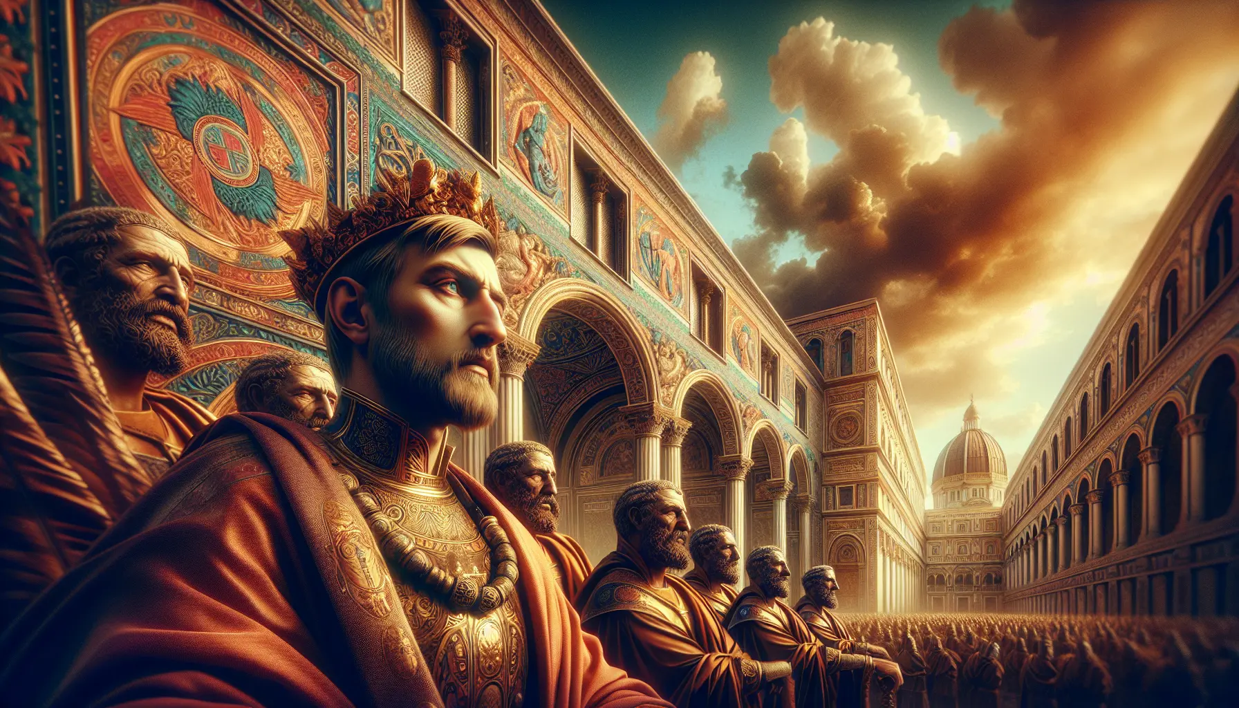 Raffigurazione di Filippo di Svevia, un importante personaggio del Medioevo, in un contesto storico con elementi architettonici dell'epoca.