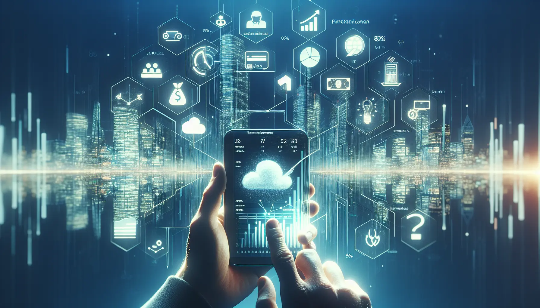 Un giovane che utilizza un'app di gestione finanziaria sul suo smartphone, circondato da grafici e dati finanziari.