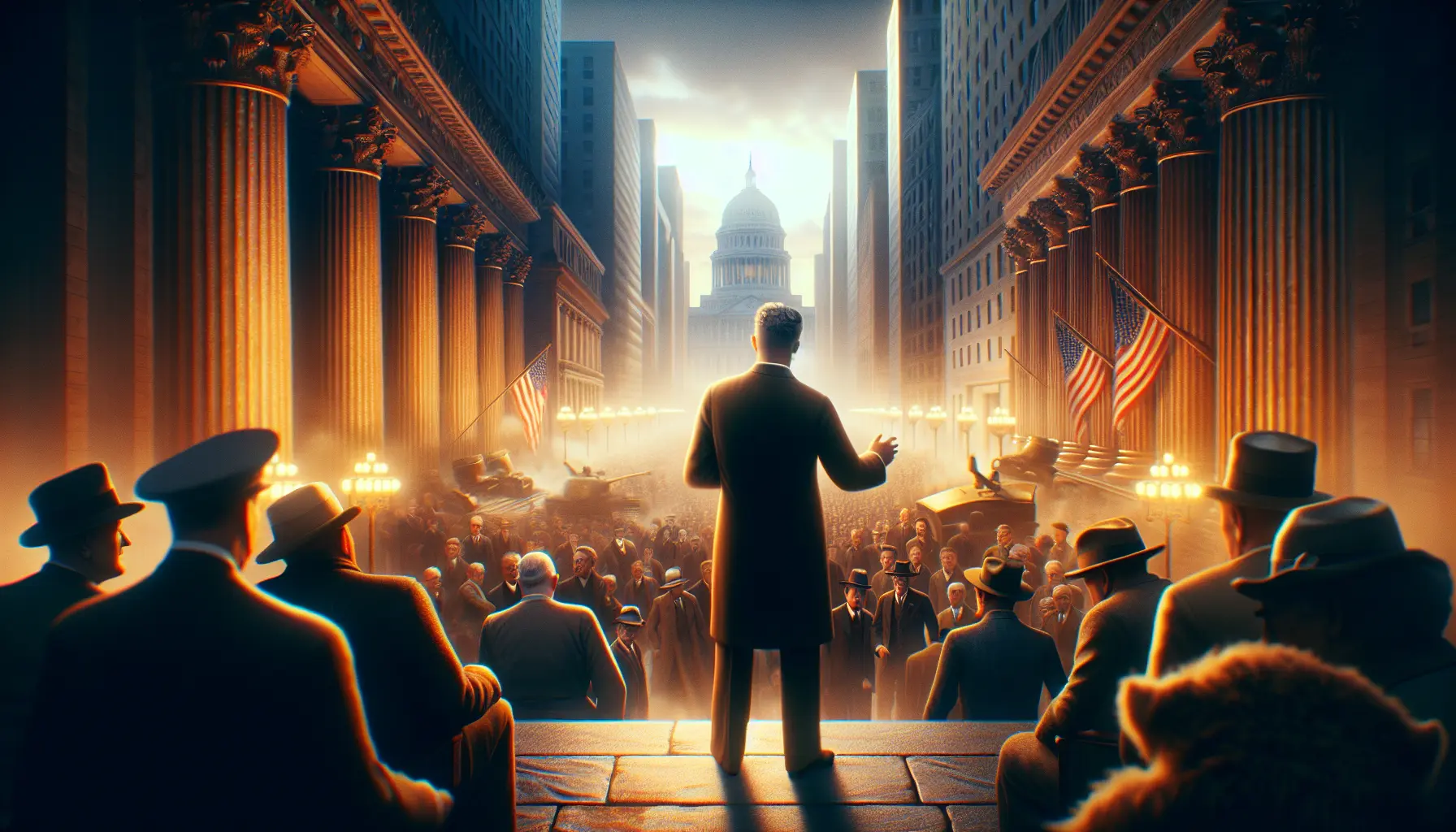 Ritratto di Franklin Delano Roosevelt, 32º presidente degli Stati Uniti, mentre parla al pubblico.