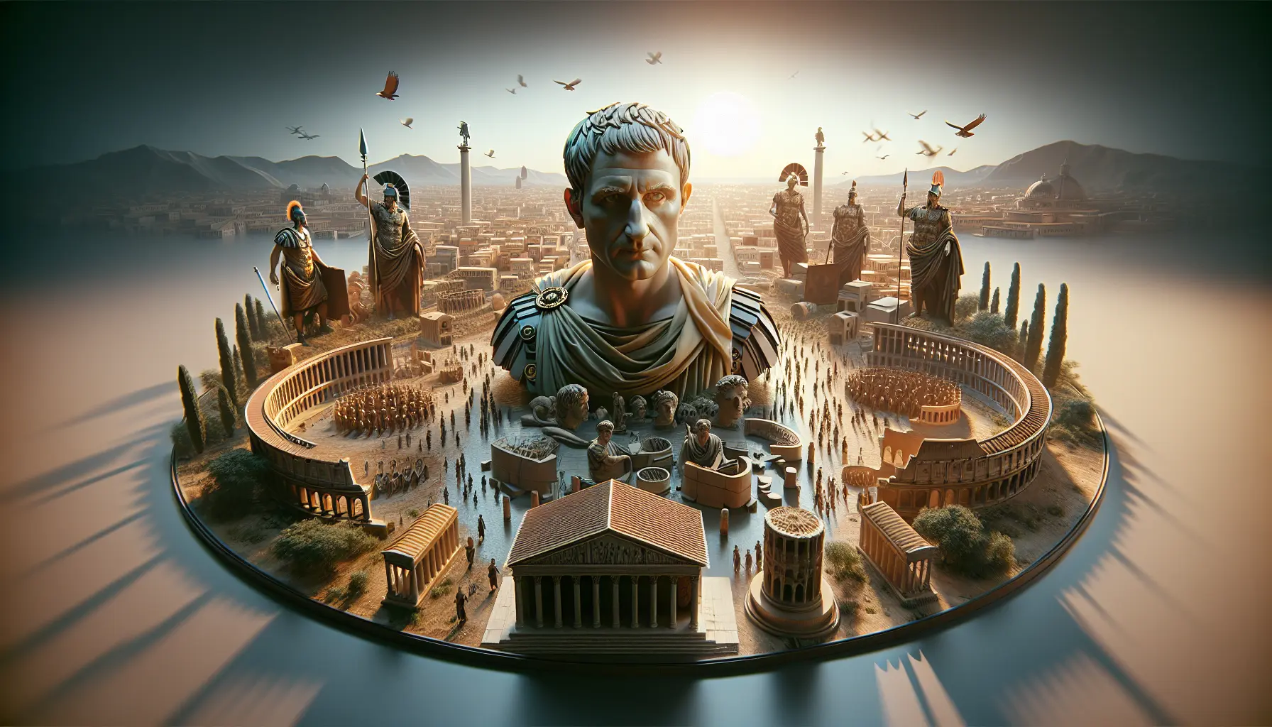 Rappresentazione artistica di Gaio Giulio Cesare, simbolo di leadership e innovazione nella storia romana.