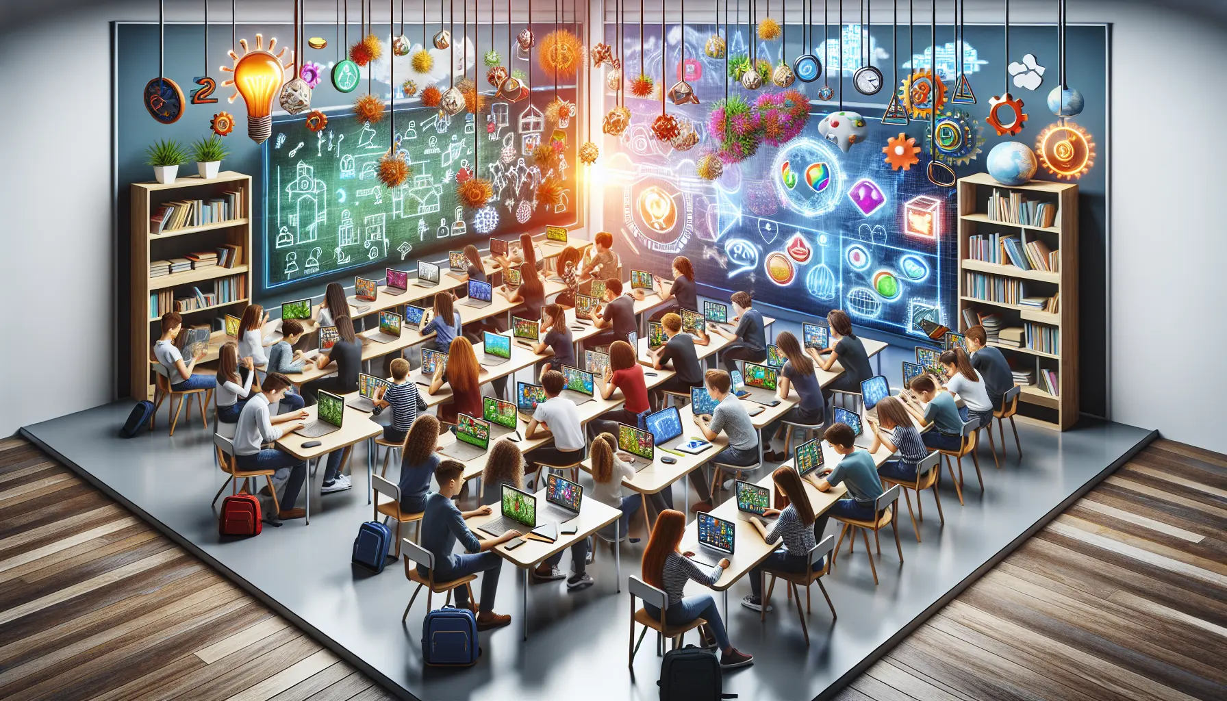 Un gruppo di studenti che partecipano a un'attività di gamification in aula, con schermi e materiali didattici interattivi.