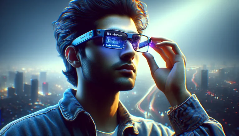 Una persona che indossa occhiali smart in un ambiente urbano, con tecnologia audio integrata.