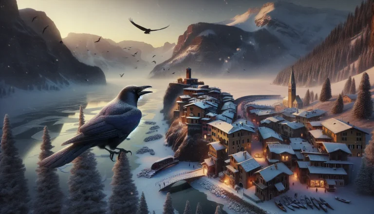 Un paesaggio invernale con un merlo nero che si ripara dal freddo