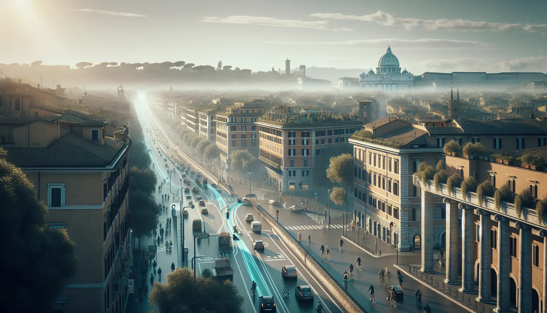 Vista panoramica di Roma con traffico ridotto e persone che camminano e pedalano in un ambiente urbano più pulito.