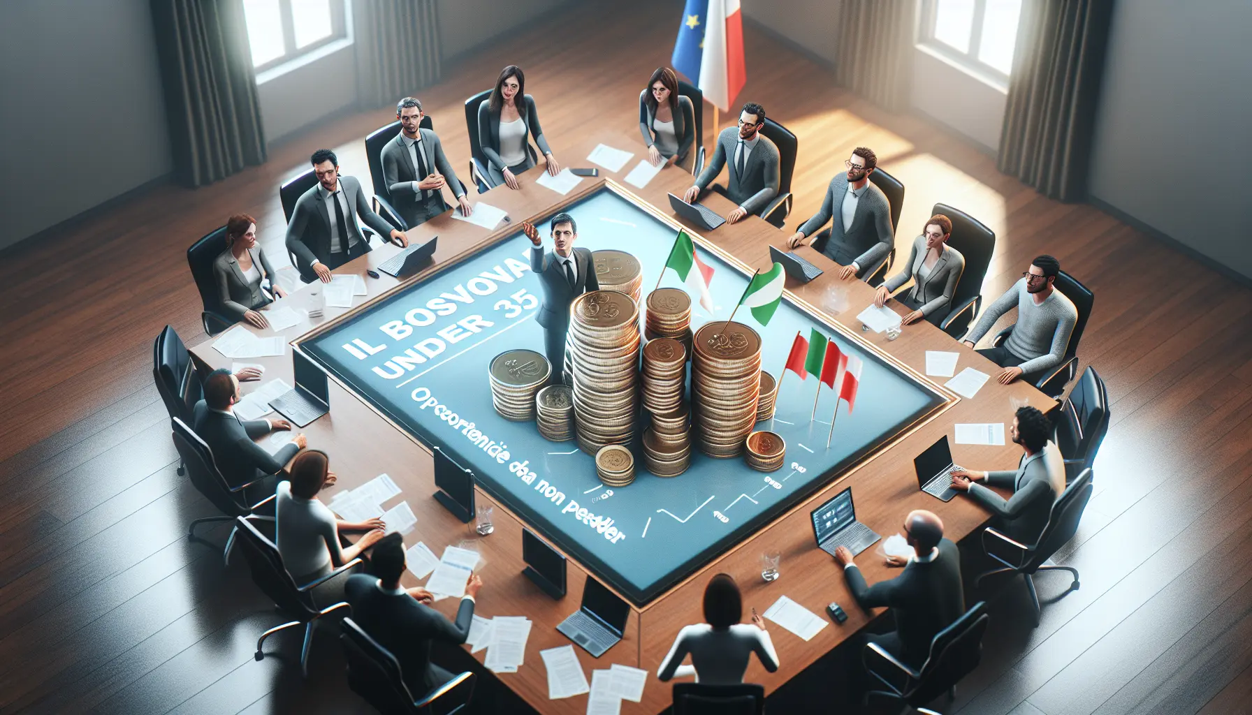 Giovani imprenditori italiani sorridenti mentre discutono di idee per avviare un'attività.