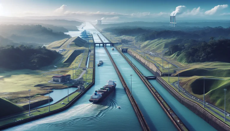Vista panoramica del Canale di Panama con navi in transito e chiuse in funzione