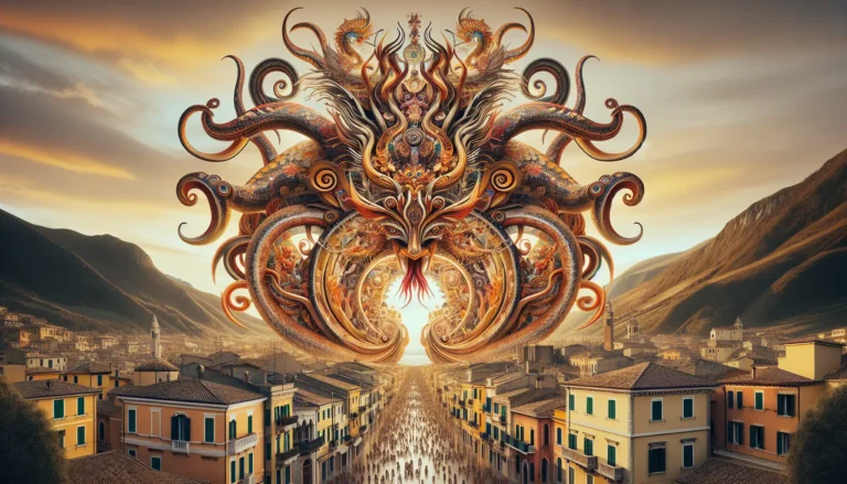 Sfilata di carri allegorici al Carnevale di Viareggio, con colori vivaci e maschere festose che animano la città.