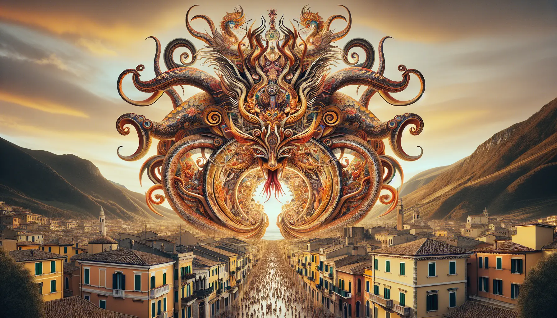 Sfilata di carri allegorici al Carnevale di Viareggio, con colori vivaci e maschere festose che animano la città.