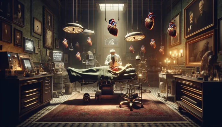 Rappresentazione artistica di un chirurgo che esegue un trapianto di cuore, simbolo di innovazione e speranza nella medicina.