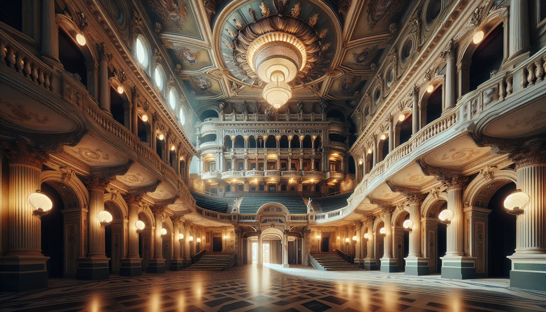 Interno del Teatro alla Scala con il palcoscenico illuminato e il pubblico in attesa