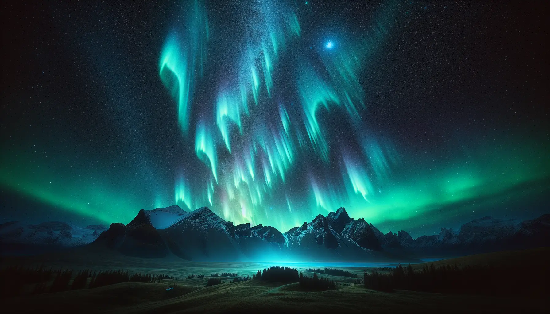 Aurora boreale che illumina il cielo notturno con colori vibranti sopra un paesaggio innevato.