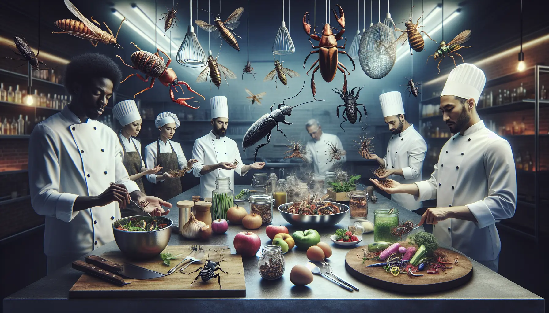 Un piatto gourmet che presenta insetti commestibili come ingrediente principale, decorato con verdure fresche e salse colorate.