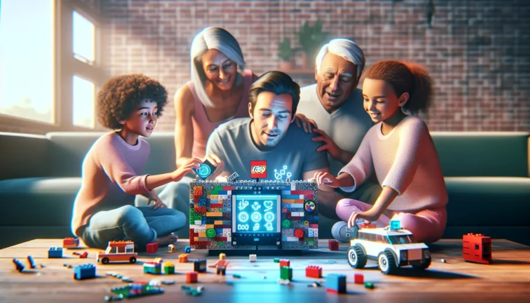 Un bambino che gioca con il Lego Smart Brick, costruendo e programmando un robot interattivo.