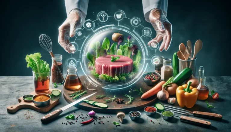 Un piatto gourmet che presenta carne coltivata abbinata a ingredienti freschi e stagionali, rappresentando un futuro sostenibile nella gastronomia.