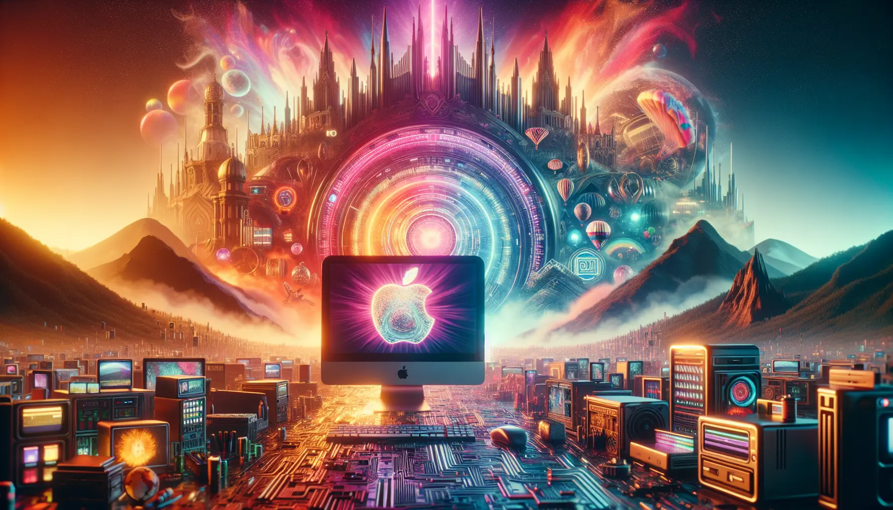 Un computer Macintosh moderno con un'interfaccia grafica elegante e intuitiva, circondato da strumenti creativi.