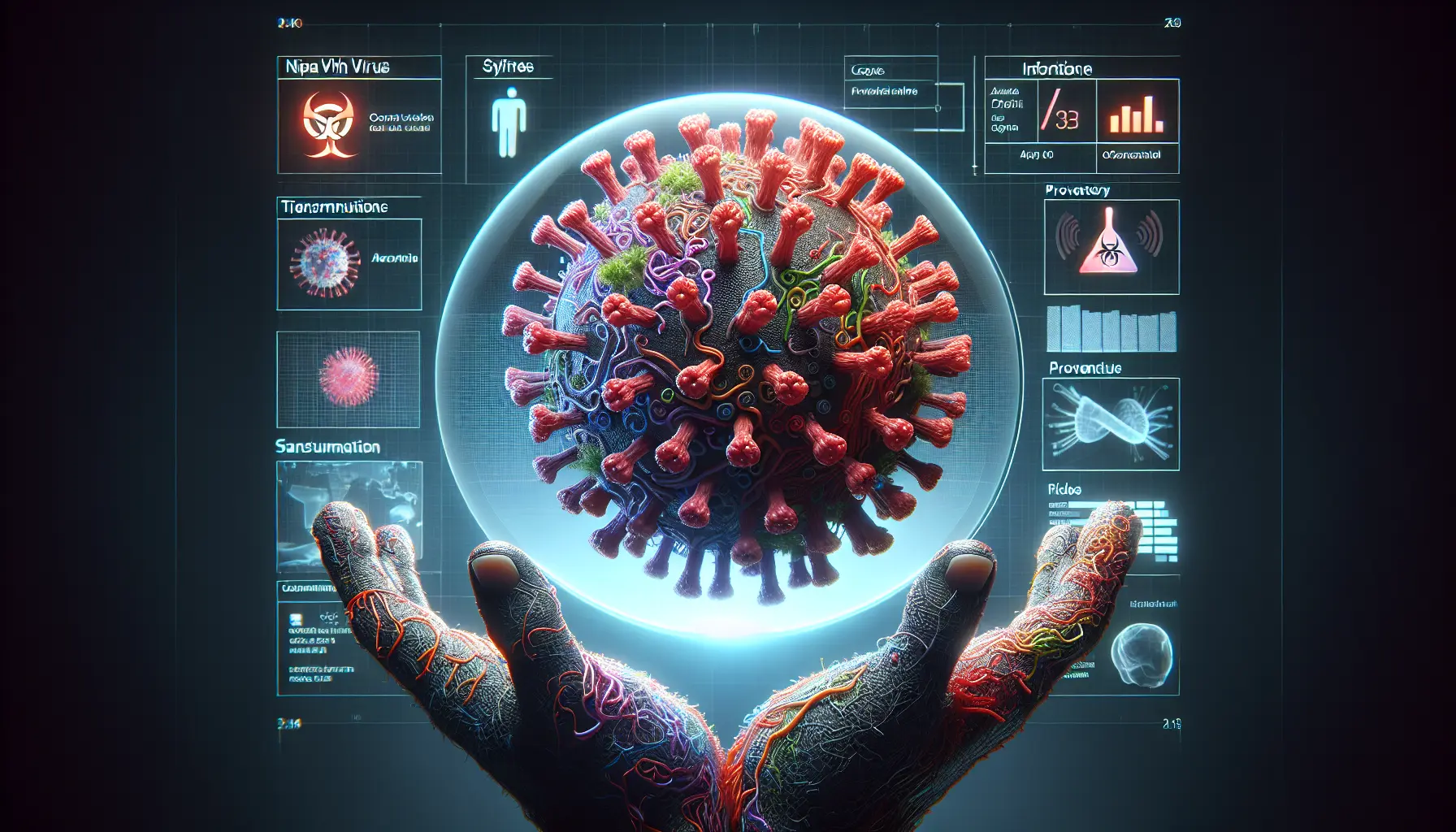 Rappresentazione grafica del Nipah virus e della sua trasmissione.