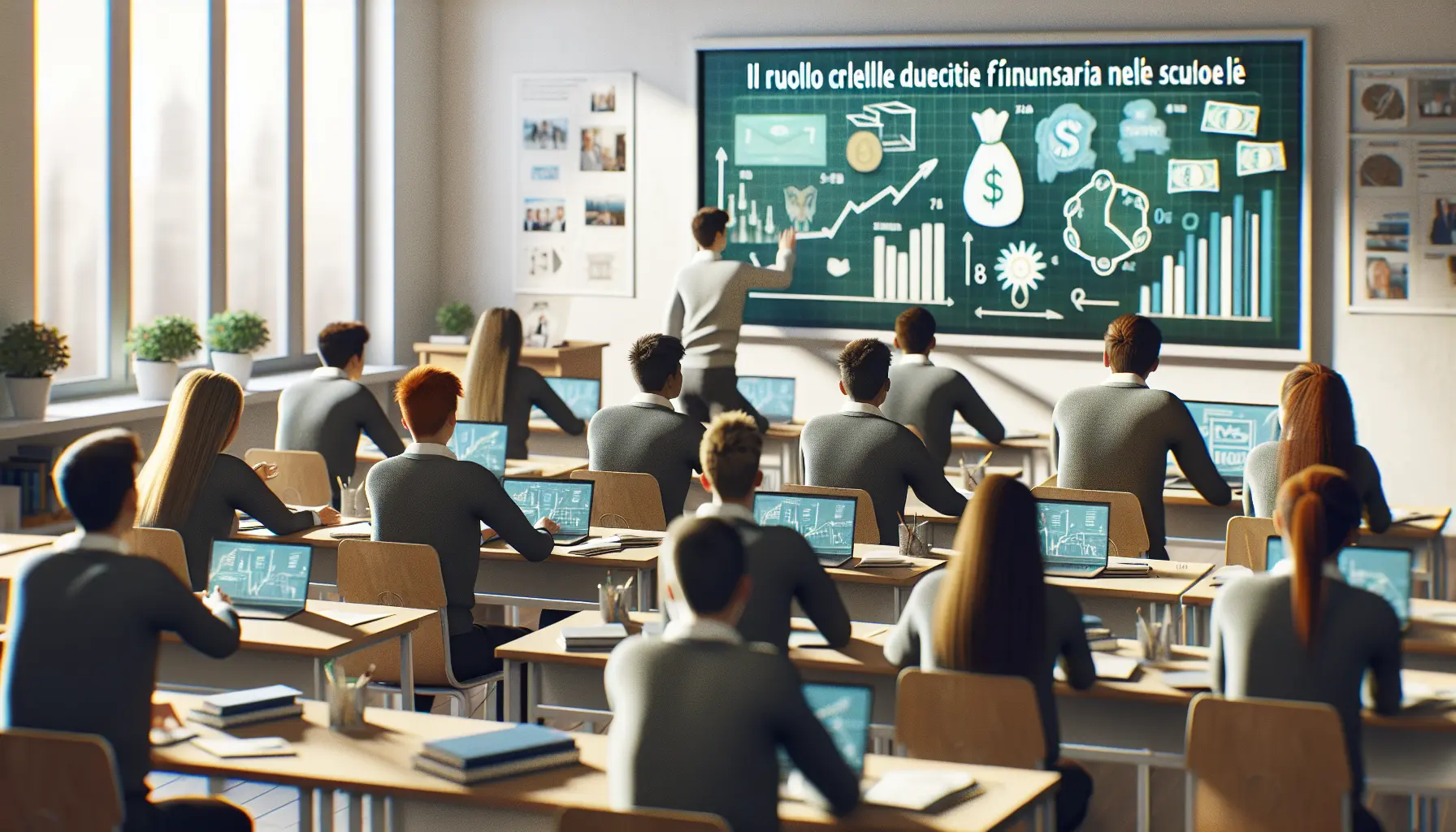 Un gruppo di studenti in aula mentre apprendono concetti di educazione finanziaria attraverso attività pratiche e coinvolgenti.