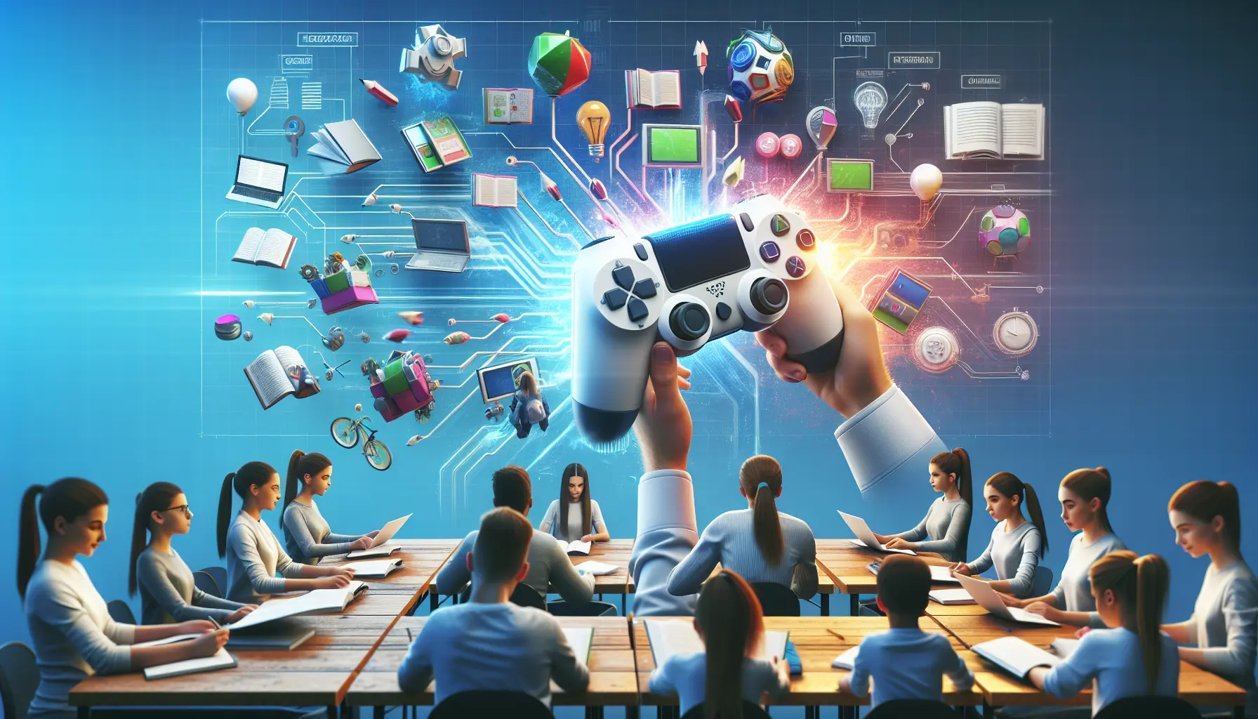 Un gruppo di studenti che partecipano a un quiz interattivo, utilizzando elementi di gioco per apprendere in modo coinvolgente.