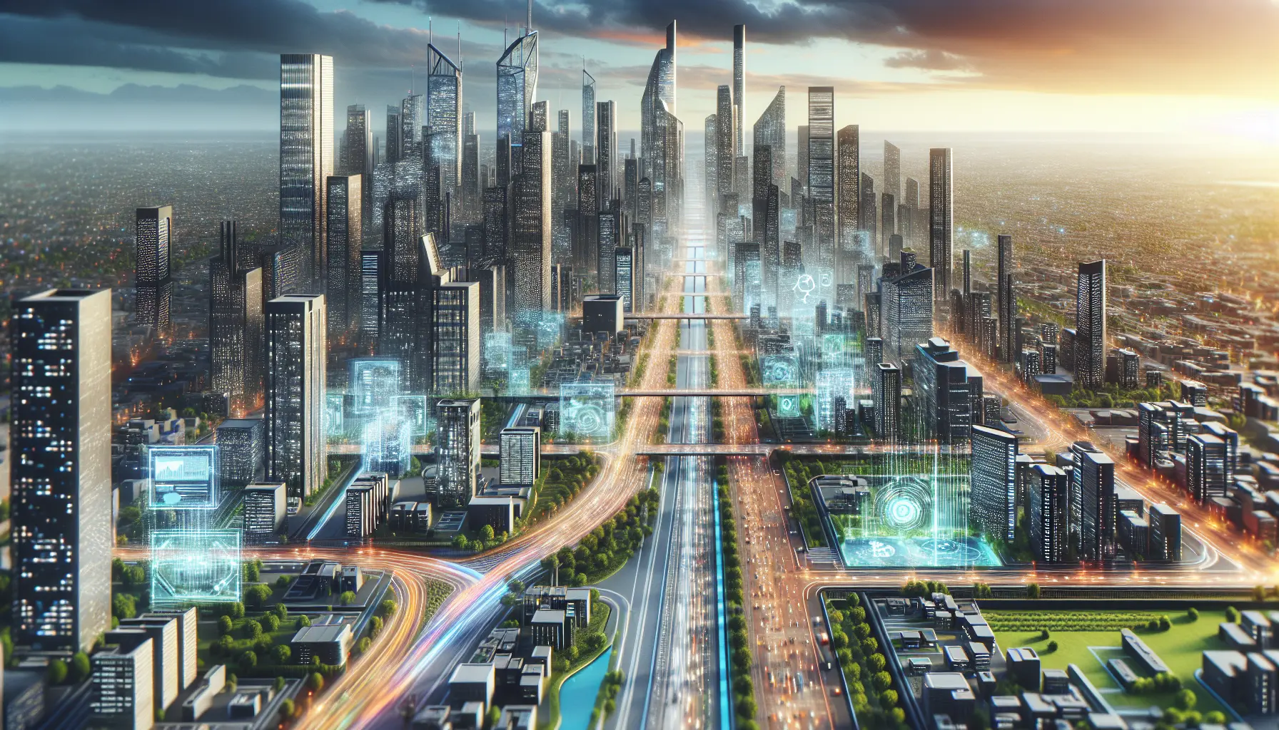 Un'immagine che rappresenta una città intelligente con tecnologie sostenibili e spazi verdi.