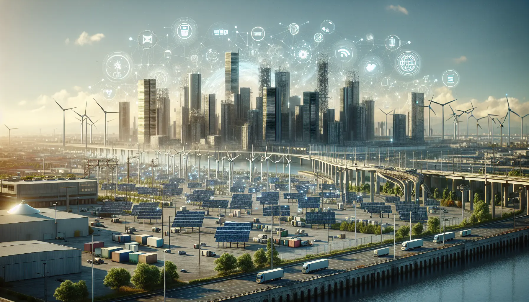 Vista panoramica di una città intelligente con spazi verdi e infrastrutture tecnologiche avanzate.