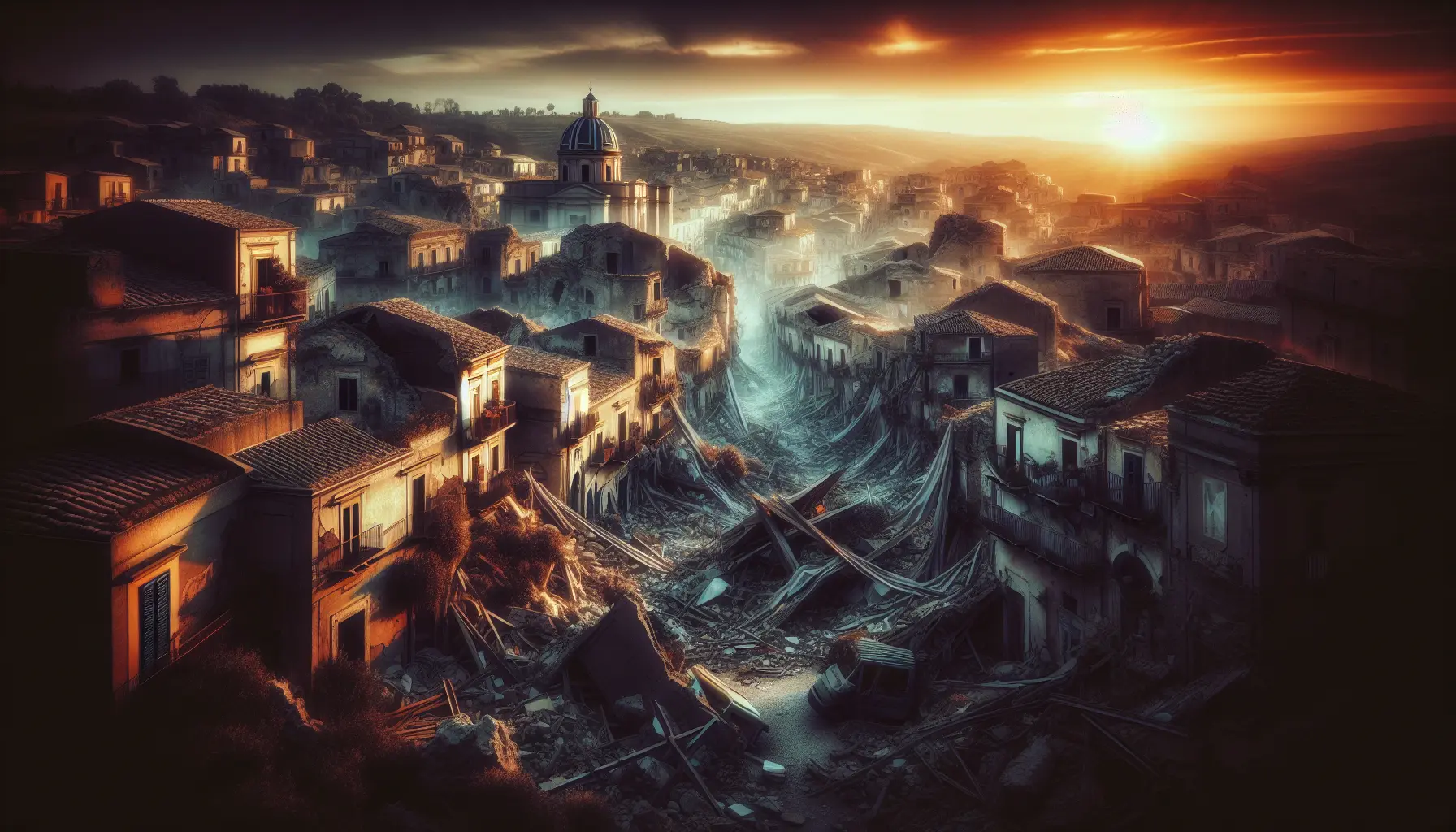 Vista panoramica delle rovine di una città siciliana colpita dal terremoto, con il sole che sorge all'orizzonte, simbolo di rinascita e resilienza.