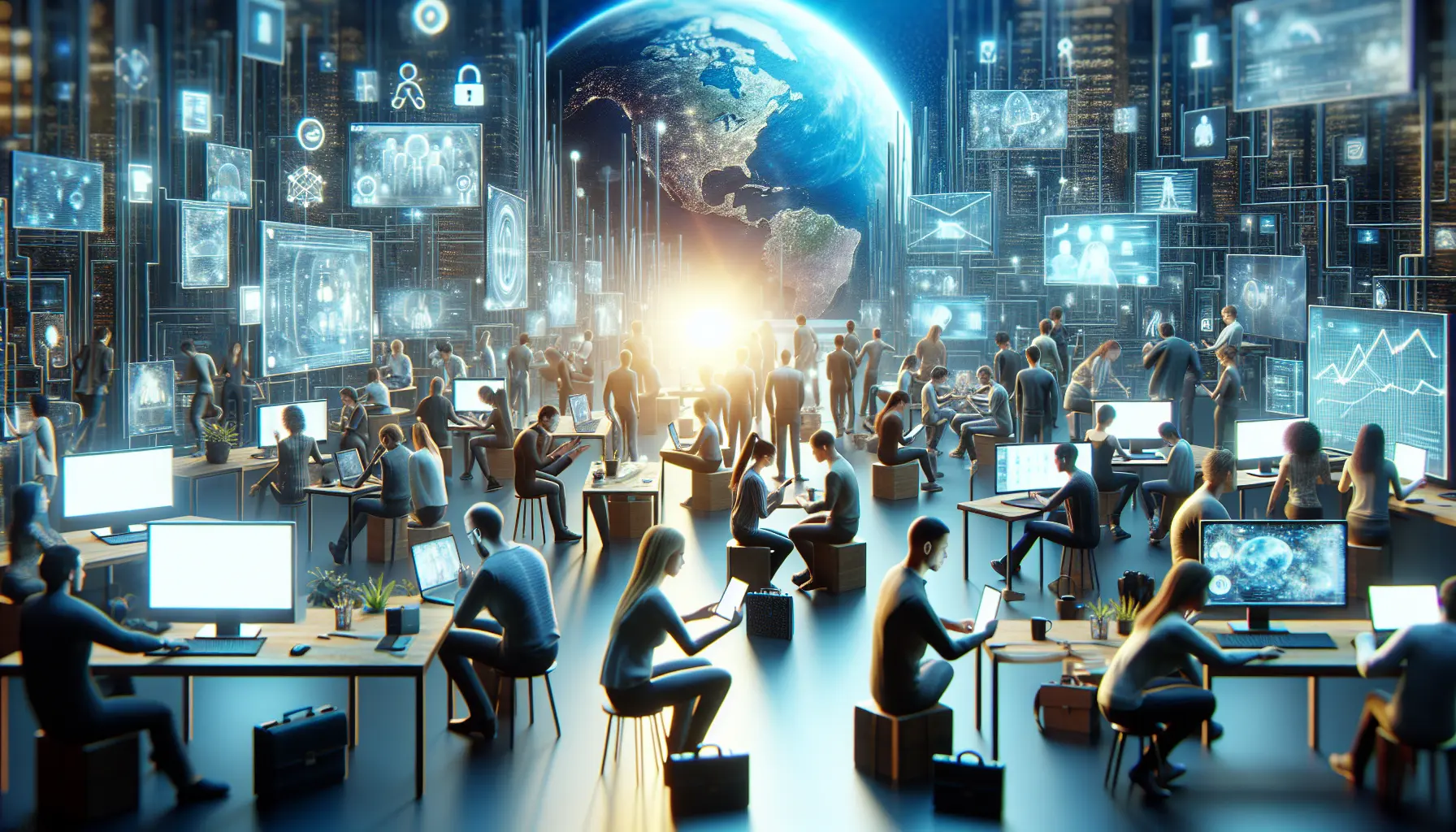Persone che interagiscono tramite dispositivi digitali, rappresentando il tema delle relazioni nell'era digitale.