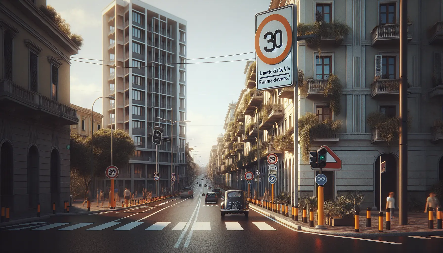 Una strada urbana con segnaletica che indica il limite di velocità di 30 km/h, circondata da pedoni e ciclisti.