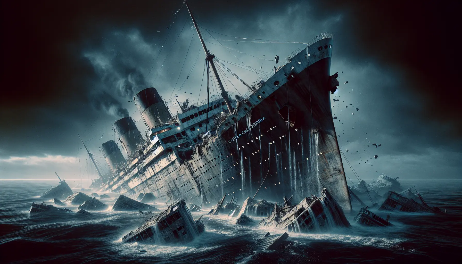 Immagine della Costa Concordia naufragata, simbolo di una tragedia marittima che ha segnato la storia della navigazione.