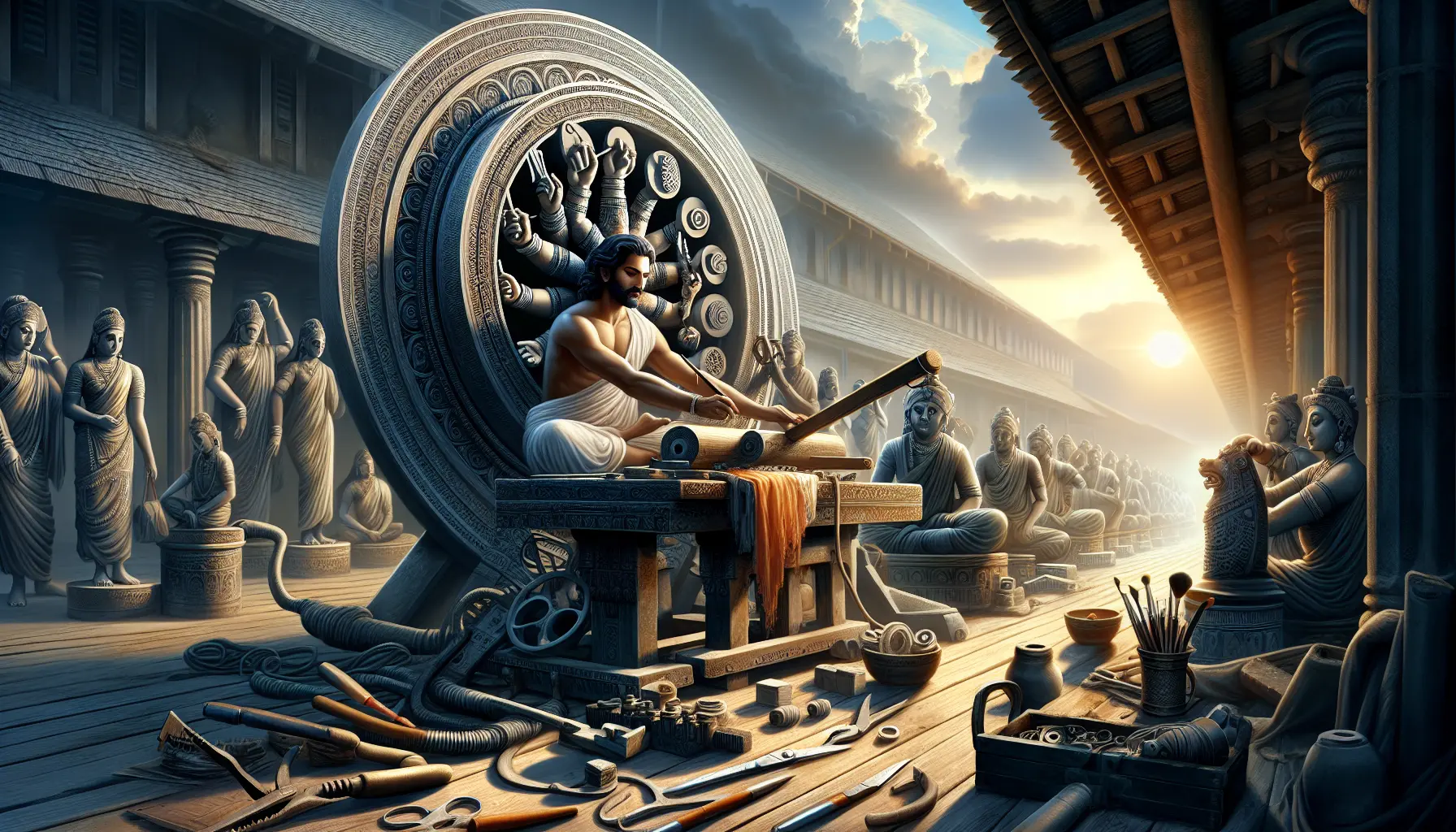 Un artigiano al lavoro, circondato da materiali naturali e strumenti tradizionali, mentre crea un pezzo unico a mano.