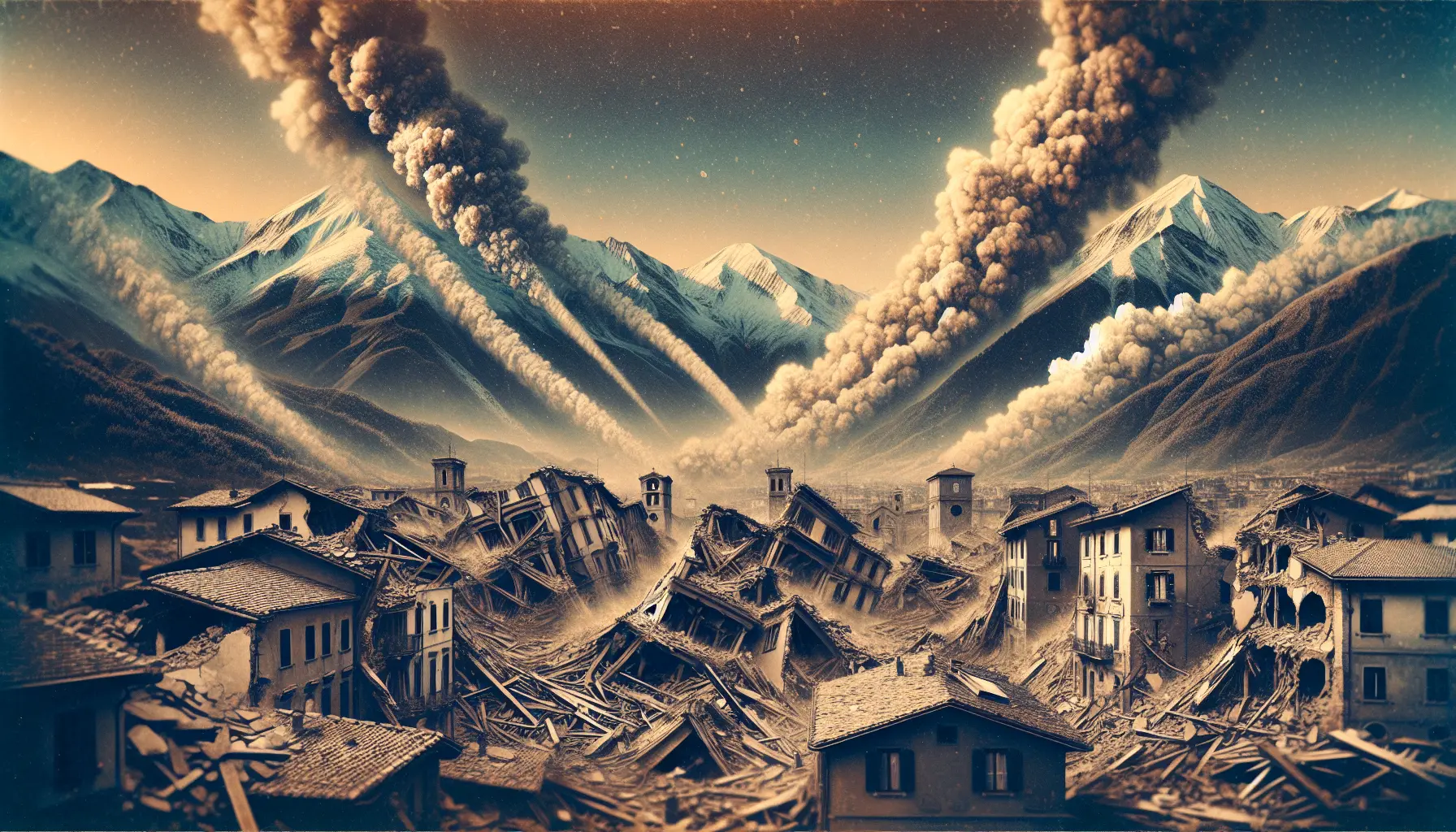 Rappresentazione grafica della devastazione causata dal terremoto della Marsica del 1915, mostrando edifici distrutti e scene di emergenza.
