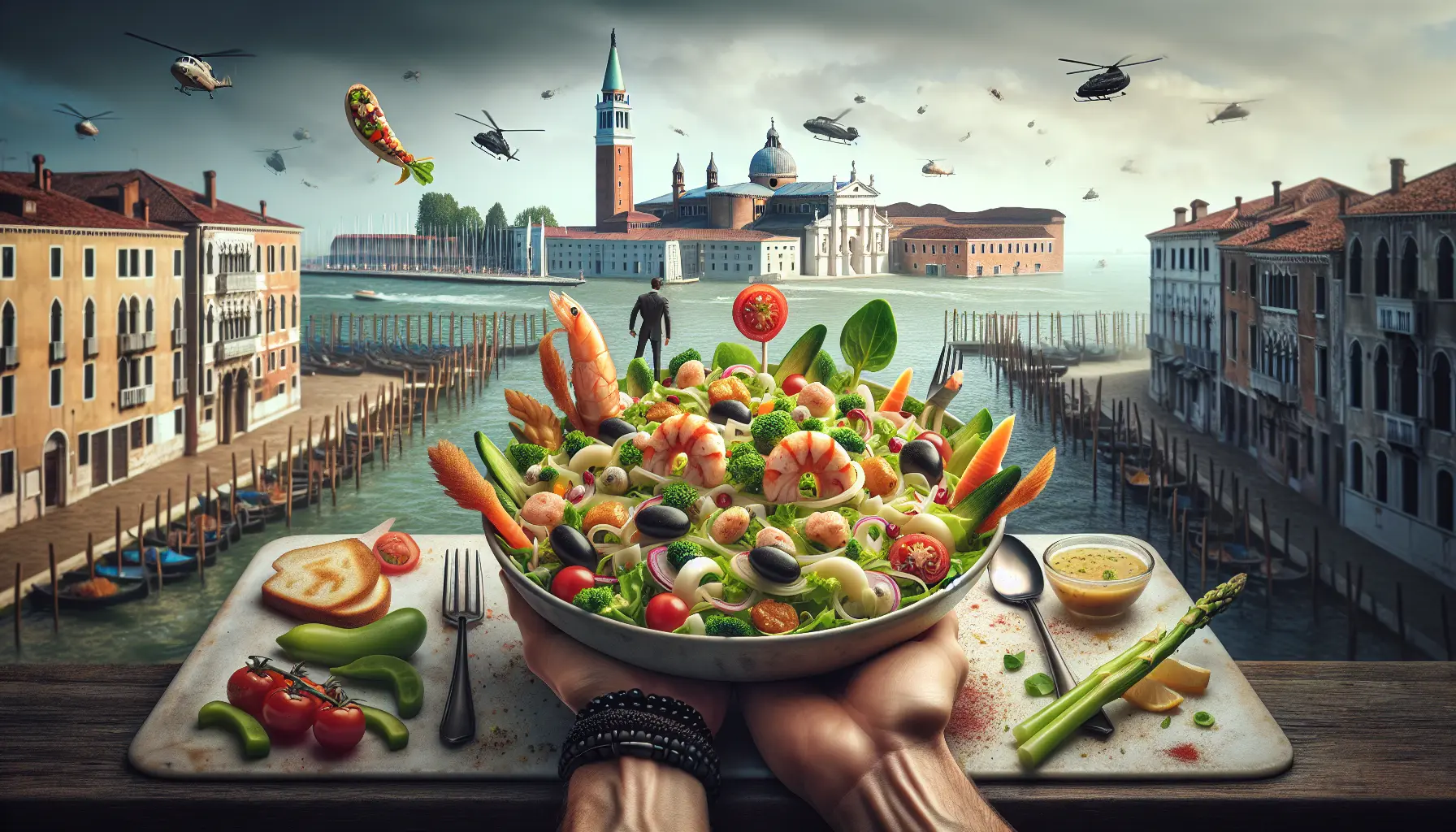 Un'insalata russa gourmet presentata elegantemente, con ingredienti freschi e colorati disposti in modo creativo su un piatto