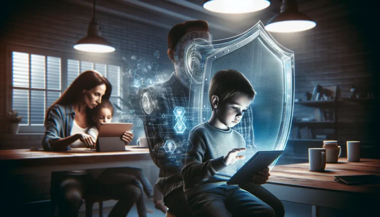 Un genitore e un bambino che esplorano insieme un dispositivo digitale, discutendo della sicurezza online e della privacy.